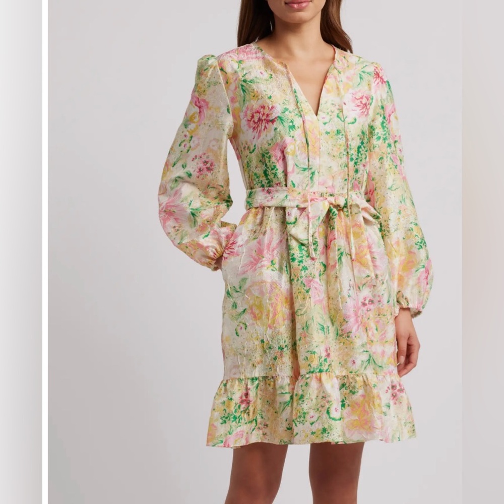 JULIA JORDAN Floral Long Sleeve Crinkled Satin Babyboll Dress